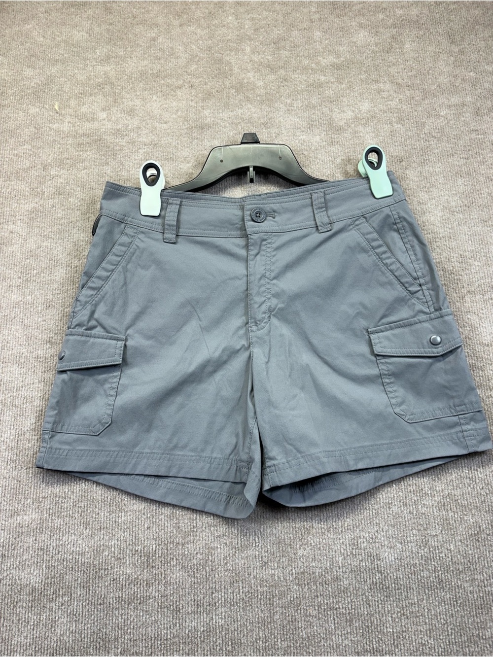 Eddie Bauer light gray nylon hiking shorts featuring a structured waistband and